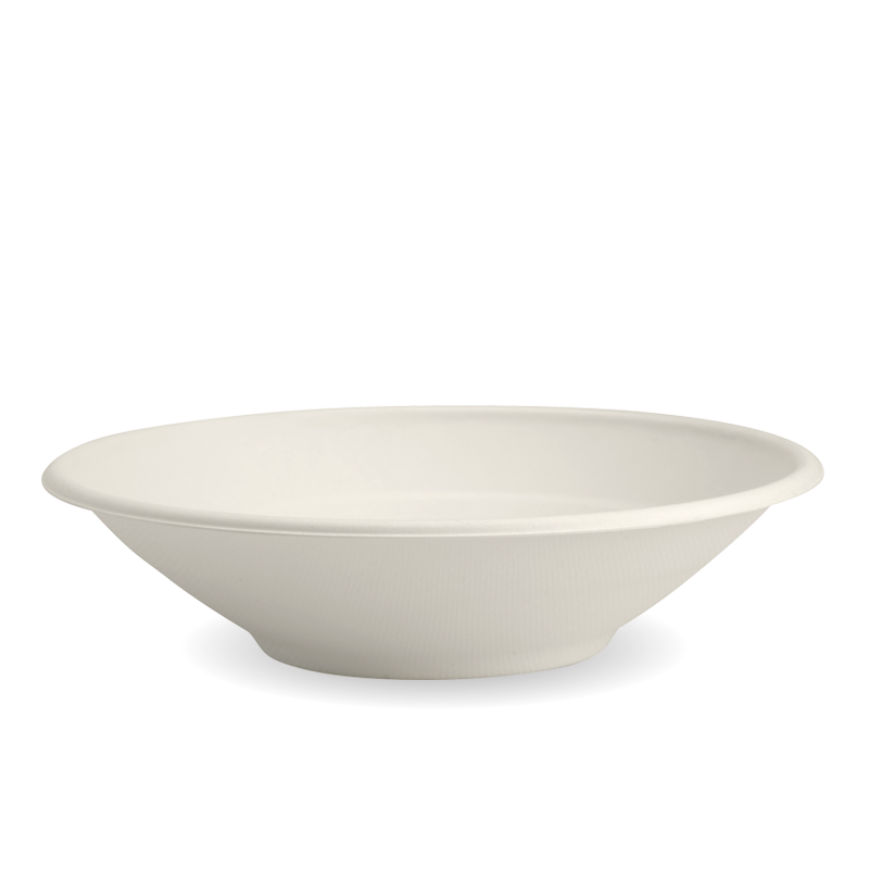 24oz White BioCane Sugarcane Bowl|sugarcane bowl and clear lid|sugarcane bowl filled with oats topped with fresh fruits|24oz White BioCane Sugarcane Bowl Line Drawing|sugarcane bowl filled with healthy rice meal