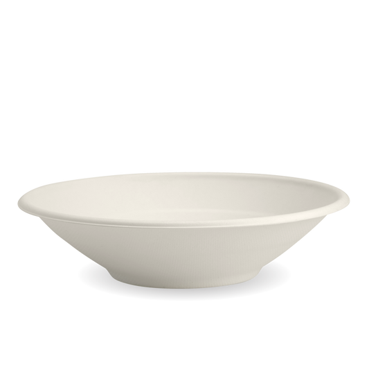 24oz White BioCane Sugarcane Bowl|sugarcane bowl and clear lid|sugarcane bowl filled with oats topped with fresh fruits|24oz White BioCane Sugarcane Bowl Line Drawing|sugarcane bowl filled with healthy rice meal