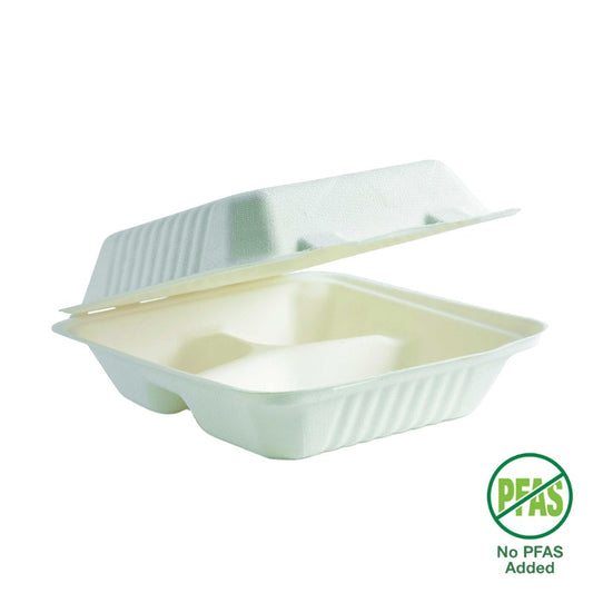 20x22x8cm / 7.8x8x3" 3-Compartment White Plant Fibre Clamshell|20x22x8cm / 7.8x8x3" 3-Compartment White Plant Fibre Clamshell Line Drawing