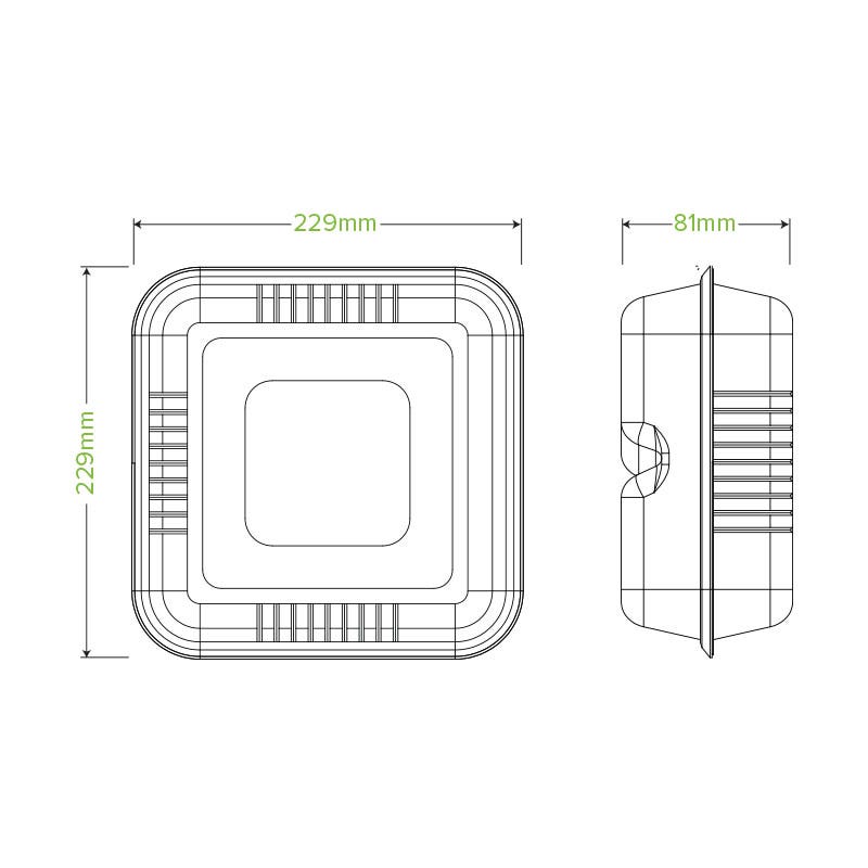 23x23x8cm / 9x9x3" White Plant Fibre Clamshell|23x23x8cm / 9x9x3" White Plant Fibre Clamshell Line Drawing