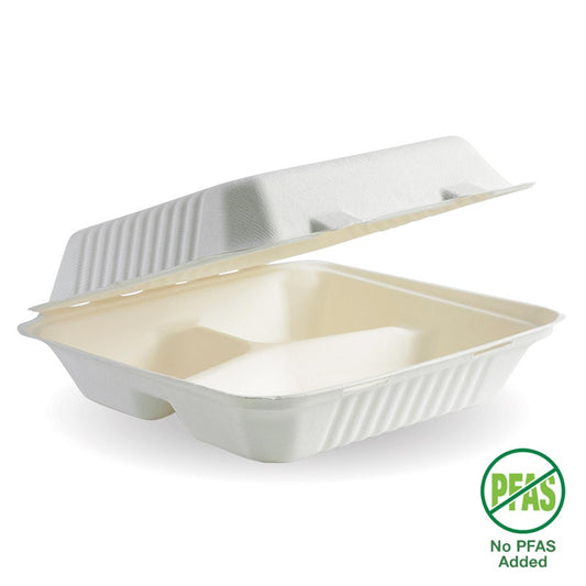 23x23x8cm / 9x9x3" 3-Compartment White Plant Fibre Clamshell|23x23x8cm / 9x9x3" 3-Compartment White Plant Fibre Clamshell Line Drawing