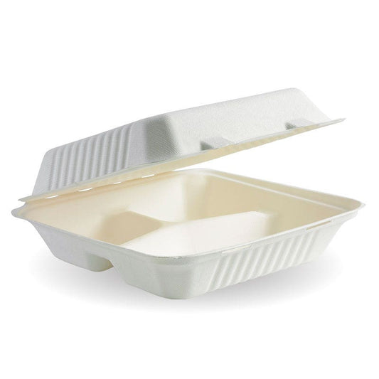 9x9x3" 3-Compartment White BioCane Sugarcane Clamshell