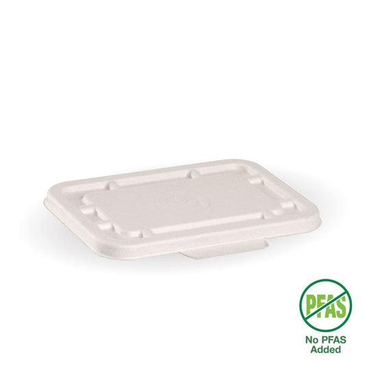 500ml & 600ml White Plant Fibre Takeaway Lid no PFAs added|rectangular sugarcane lid|sugarcane rectangular container and lid|500ml & 600ml White BioCane Takeaway Lid Line Drawing|sugarcane rectangular lid and container filled with dumplings