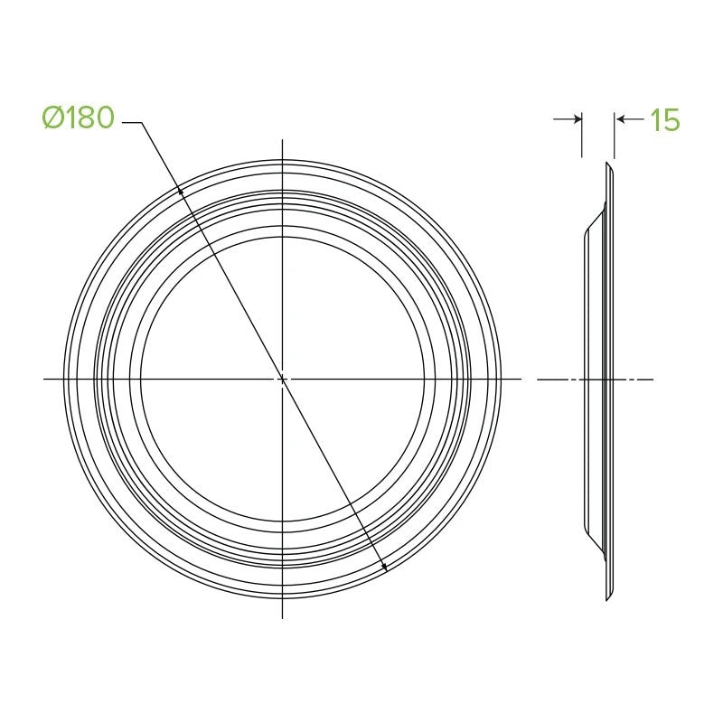 18cm / 7" Round Plant Fibre Plate|18cm / 7" Round Plant Fibre Plate Side View|18cm / 7" Round Plant Fibre Plate Line Drawing|18cm / 7" Round Plant Fibre Plate With Food
