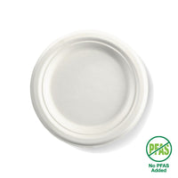18cm / 7" Round Plant Fibre Plate|18cm / 7" Round Plant Fibre Plate Side View|18cm / 7" Round Plant Fibre Plate Line Drawing|18cm / 7" Round Plant Fibre Plate With Food