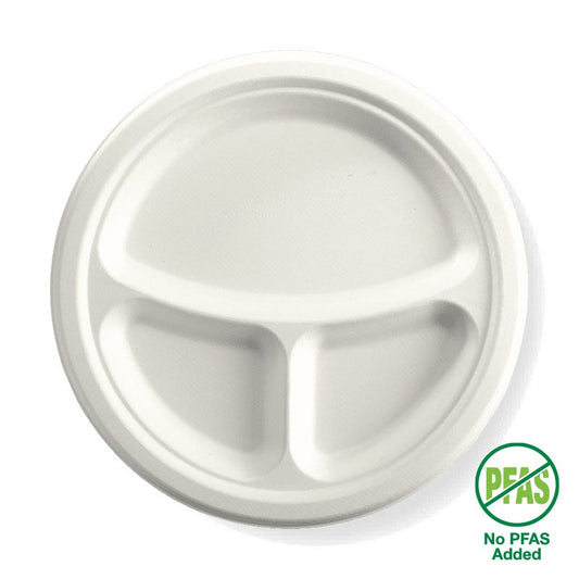 |25cm / 10" 3-Compartment Round Plant Fibre Plate Line Drawing