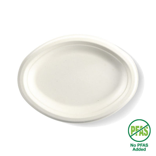 26x19cm / 10.25x7.75" Oval Plant Fibre Plate with No PFAs logo|26x19cm / 10.25x7.75" Oval Plate Line Drawing