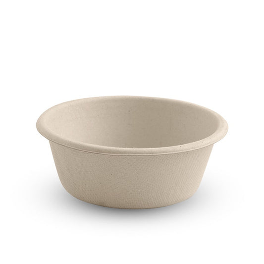 Compostable sugarcane sauce cup|90ml sauce cup natural|Compostable sugarcane sauce cup|Compostable sugarcane sauce cups stacked by size next to a cardboard chip box with fries