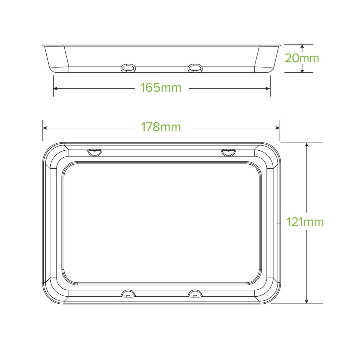 480g sugarcane Produce Tray|hand holding sugarcane produce tray with corn|178mm x 121mm sugarcane produce tray line drawing