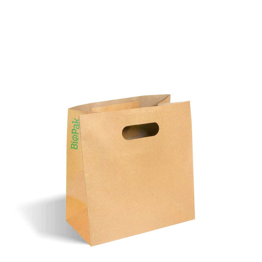 Kraft takeaway paper bag with die cut handle with green BioPak print|Small Die Cut Handle Kraft Paper Bags Line Drawing