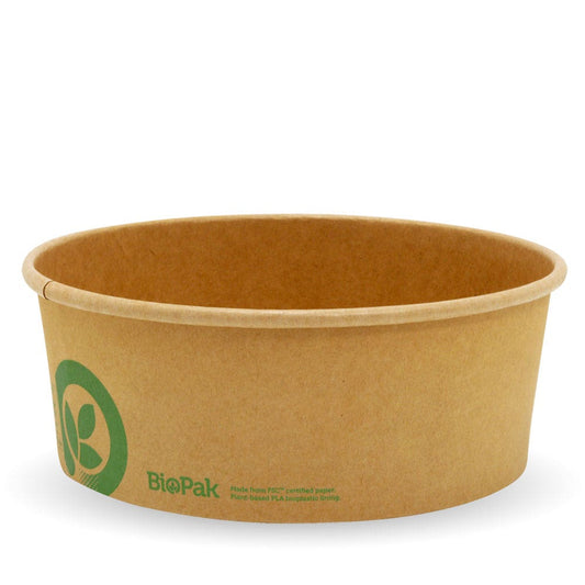 1,300ml Extra Large Kraft Paper BioBowl|1,300ml Extra Large Kraft BioBowl Line Drawing|1,300ml Extra Large Kraft BioBowl with Clear Lid|Extra Large Kraft paper bowl brimming with savory Asian noodles garnished with fresh greens.