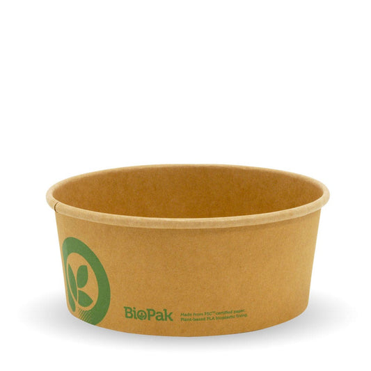 kraft paper bowl with BioPak logo|kraft paper bowl line drawing|kraft paper bowl filled with fresh and delectable food, complete with wooden cutlery and a clear lid
