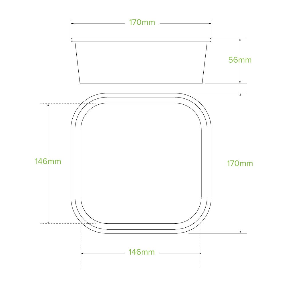 1,000ml Kraft BioBoard Square Takeaway Base|1,000ml Kraft BioBoard Square Takeaway Base Line Drawing
