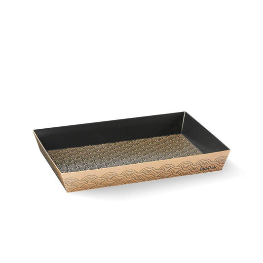 Kraft medium paper sushi tray with black Japanese semi-circle pattern|Medium BioBoard Sushi Tray Line Drawing|Kraft medium paper sushi tray with black Japanese semi-circle pattern with clear PLA lid