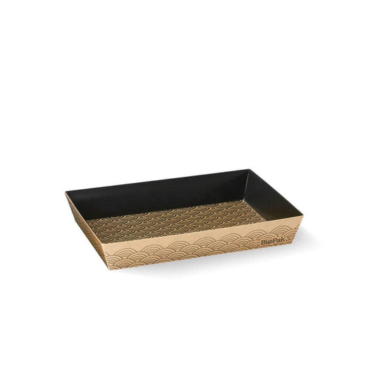 Kraft small paper sushi tray with black Japanese semi-circle pattern|Small BioBoard Sushi Tray Line Drawing|Kraft small paper sushi tray with black Japanese semi-circle pattern with PET lid