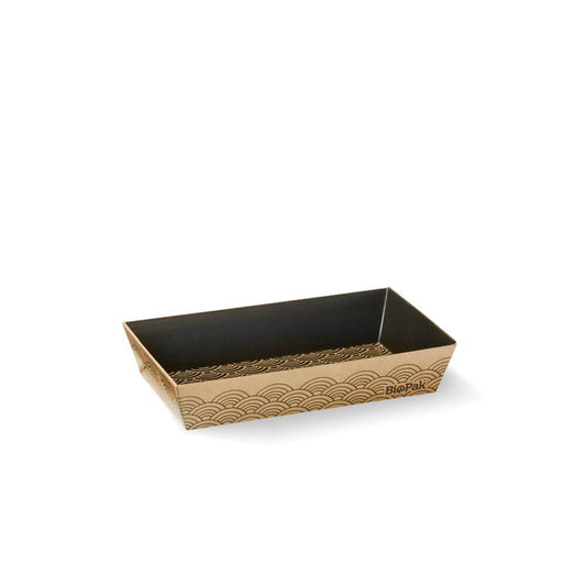 Kraft extra small paper sushi tray with black Japanese semi-circle pattern|Extra Small BioBoard Sushi Tray Line Drawing|Kraft extra small paper sushi tray with black Japanese semi-circle pattern covered with PET lid