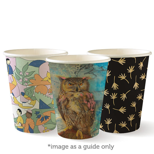 12oz (90mm) Art Series Single Wall BioCup group of three in assorted designs|12oz (90mm) Art Series Single Wall BioCup Line Drawing|art series coffee cups with lid