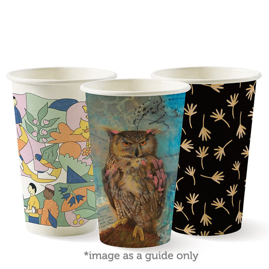 12oz art series cups single wall group of three in assorted designs|12oz art series cups line drawing|art series coffee cups and lid filled with hot latte