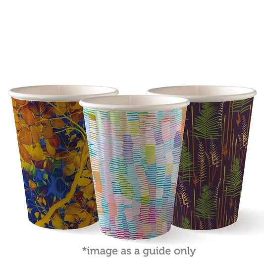 12oz Art Series BioCup Double Wall group of three with assorted designs|12oz Art Series BioCup Line Drawing - Double Wall Line Drawing|man happily holding an art series cup