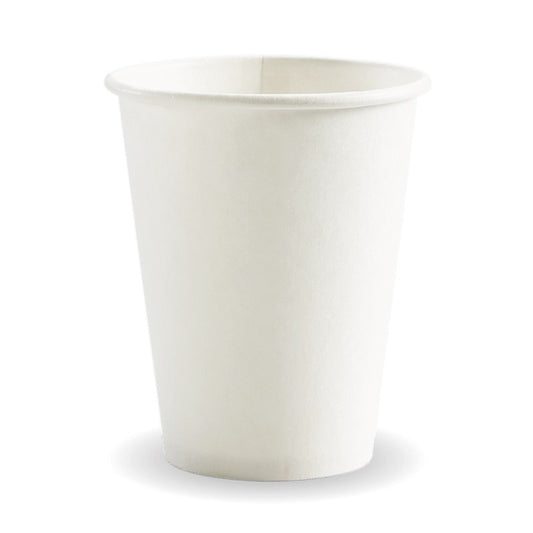 390ml / 12oz (90mm) White PHA Single Wall BioCup|390ml / 12oz (90mm) White PHA Single Wall BioCup Line Drawing|White PHA cup with "The PHA-uture of cups is here." print.