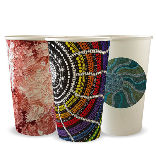 Three assorted 510ml / 16oz (90mm) Indigenous Art Series Single Wall BioCup|510ml / 16oz (90mm) Indigenous Art Series Single Wall BioCup Line Drawing