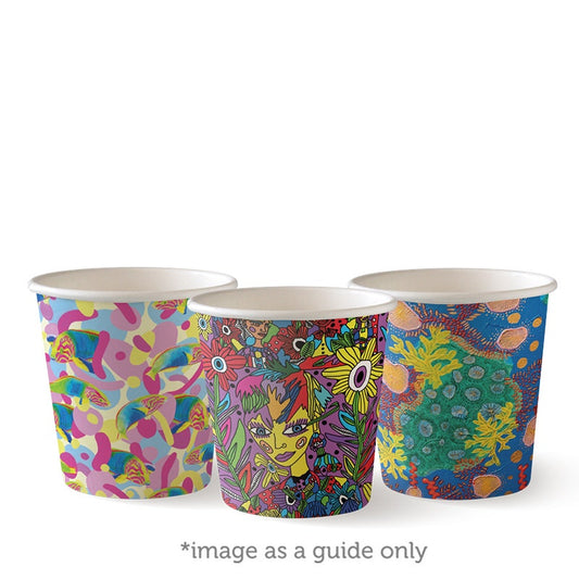 4oz Assorted Art Series Single Wall BioCup|120ml / 4oz (63mm) Art Series Single Wall BioCup Line Drawing|4oz Assorted Art Series Single Wall BioCup|art series coffee cup with lid adorned with leaf design on top of wooden table