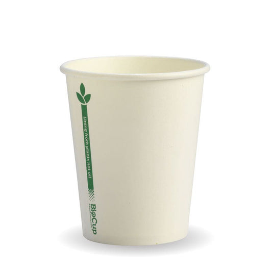 8oz White Green Line BioCup|white paper cup with green line and lid|8oz White Green Line BioCup Line Drawing