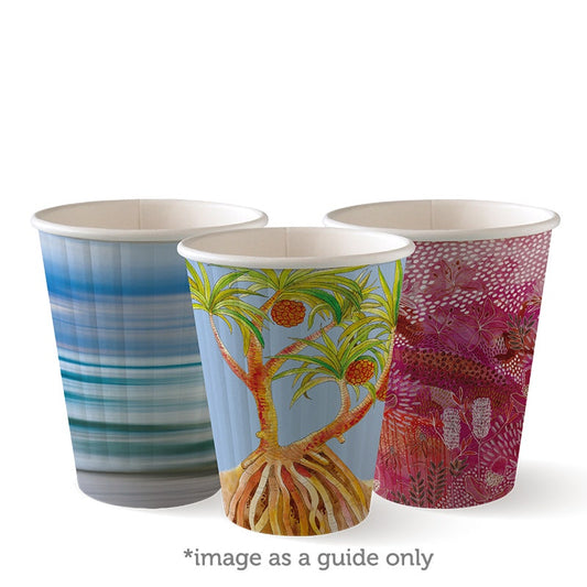 8oz Art Series Double Wall BioCup group of three with assorted designs|8oz double wall art series cups line drawing