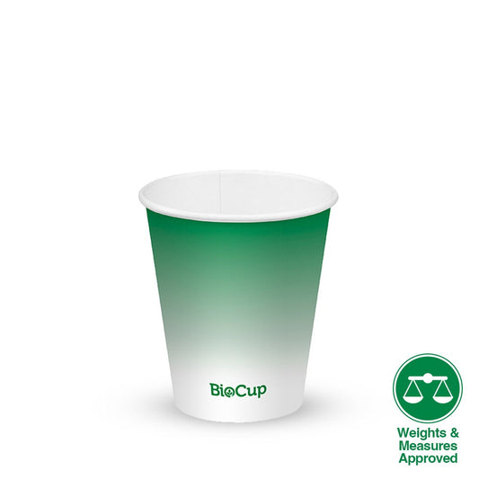 10oz green cold paper cup|10oz green cold paper cup drawing|two green eco cold paper cups with paper straw filled with drink on top of a cafe counter