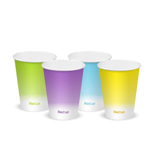 12oz Coloured Cold Paper BioCup in pastel green, purple, blue, yellow colors