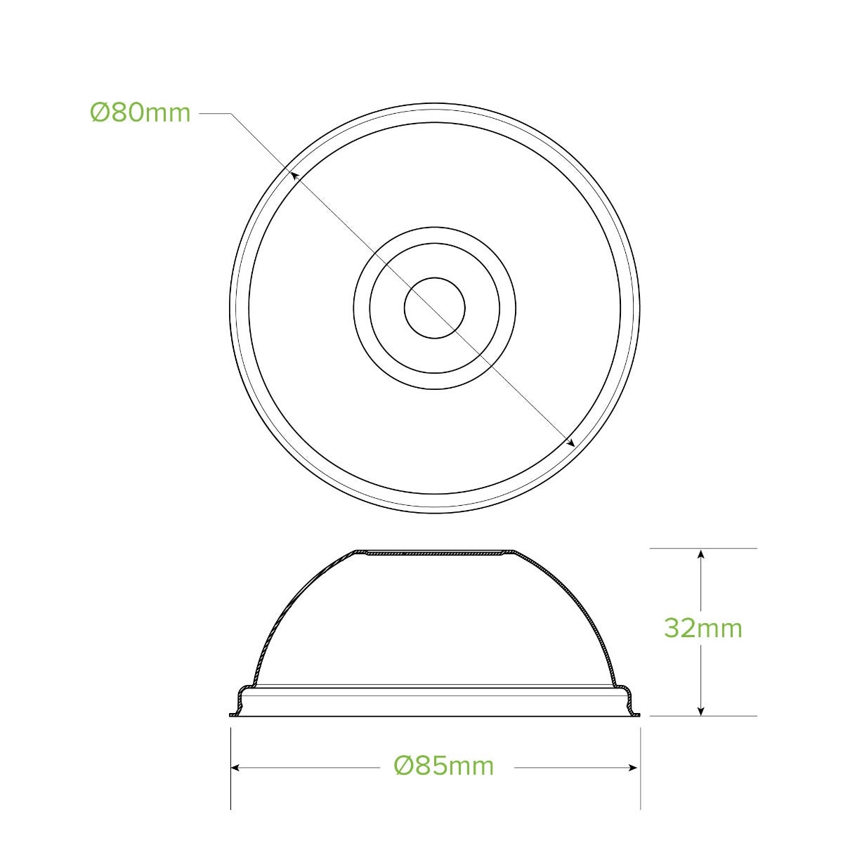 80mm Plant Fibre Dome Cold Paper BioCup Lid|80mm sugarcane pulp dome lid drawing|hand holding two green cold cups with plant fibre dome lid and paper straws