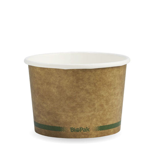 16oz Kraft BioBowl|16oz Kraft BioBowl Line Drawing|Hand holding kraft paper bowls with paper lids