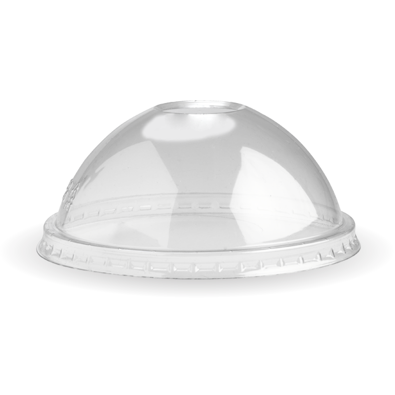 12|430-950ml / 12-32oz PET Dome BioBowl Lid on Kraft BioBowl alongside wooden spoon and napkin|12, 16, 24 & 32oz BioBowl PET Lid Line Drawing