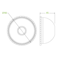 12|430-950ml / 12-32oz PET Dome BioBowl Lid on Kraft BioBowl alongside wooden spoon and napkin|12, 16, 24 & 32oz BioBowl PET Lid Line Drawing