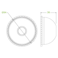 8oz BioBowl PET Dome Lid|250ml (8oz) White paper bowl containing a cake, covered with a PET dome BioBowl clear lid|8oz BioBowl PET Dome Lid Line Drawing