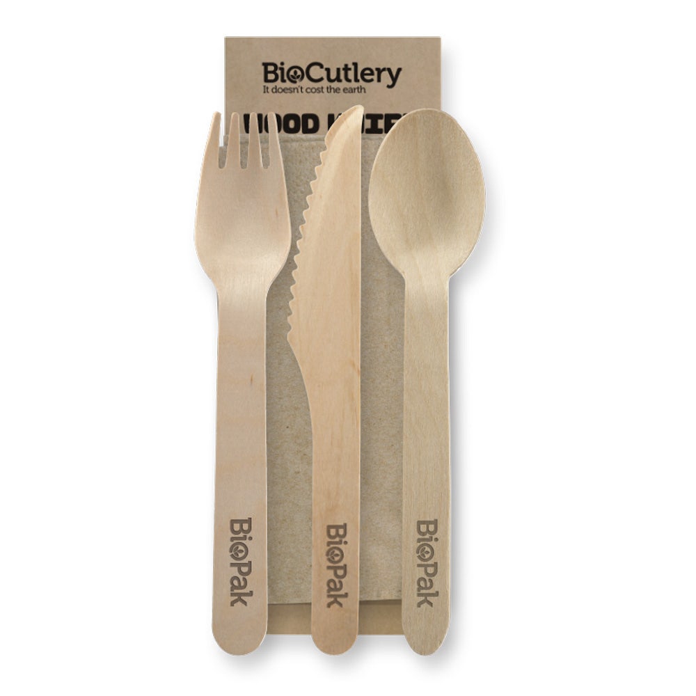 16cm Wood Knife Fork Spoon Napkin Set|16cm Wood Knife Fork Spoon Napkin Set drawing|hand holding wooden cutlery set on top of rectangular takeaway container