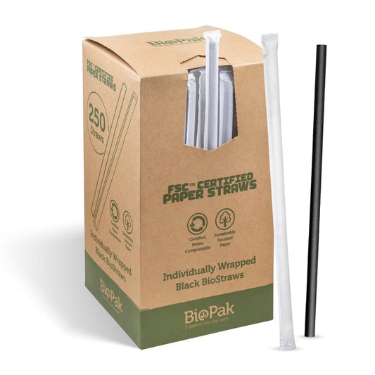 7mm Regular Black Paper Straw open box with sample straw on the side|7mm Regular Black Paper Straw|7mm Regular Black Paper Straw open box|7mm Regular Black Paper Straw line drawing