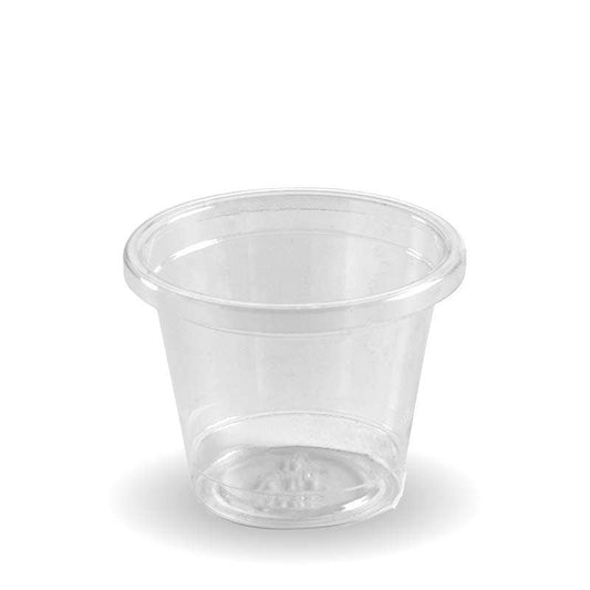 30ml PLA Sauce BioCup|30ml PLA Sauce BioCup Line Drawing|compostable sauce cup with ketchup alongside a paper chip cup filled with fries