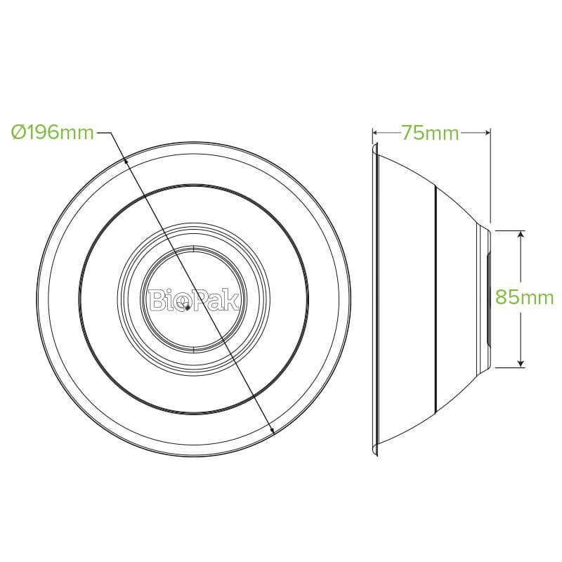 1,180ml / 40oz White Plant Fibre BioBowl|1,180ml / 40oz White Plant Fibre BioBowl Line Drawing