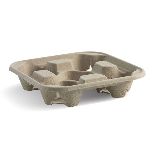 4 Cup Compostable BioCup Tray|4 Cup Compostable BioCup Line Drawing Tray Line Drawing|art series coffee cups on BioCup tray alongside sugarcane container with salad
