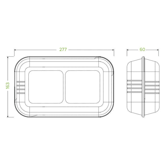 11x6x3" 2-Compartment White BioCane Sugarcane Clamshell|11x6x3" 2-Compartment Sugarcane Clamshell Line Drawing