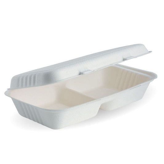 11x6x3" 2-Compartment White BioCane Sugarcane Clamshell|11x6x3" 2-Compartment Sugarcane Clamshell Line Drawing