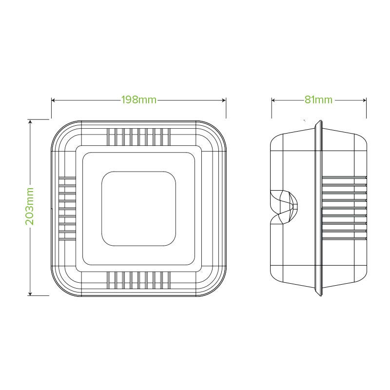 20x22x9cm / 7.8x8x3" White Plant Fibre Clamshell|20x22x9cm / 7.8x8x3" White Plant Fibre Clamshell Line Drawing
