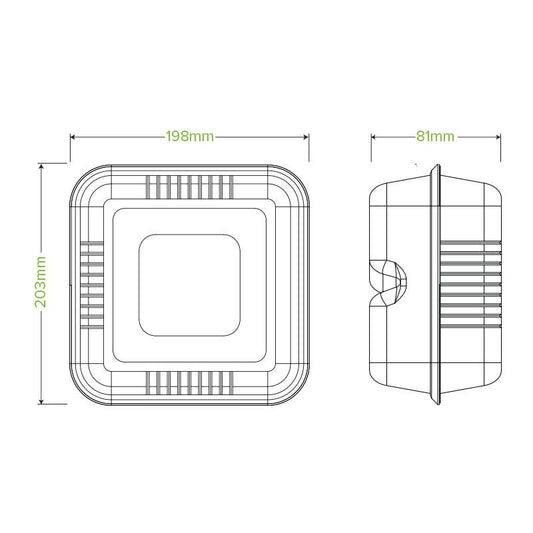 20x22x9cm / 7.8x8x3" White Plant Fibre Clamshell|20x22x9cm / 7.8x8x3" White Plant Fibre Clamshell Line Drawing