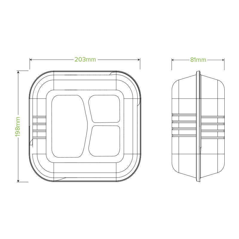 20x22x8cm / 7.8x8x3" 3-Compartment White Plant Fibre Clamshell|20x22x8cm / 7.8x8x3" 3-Compartment White Plant Fibre Clamshell Line Drawing