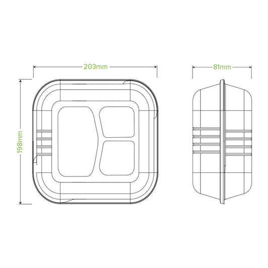 20x22x8cm / 7.8x8x3" 3-Compartment White Plant Fibre Clamshell|20x22x8cm / 7.8x8x3" 3-Compartment White Plant Fibre Clamshell Line Drawing