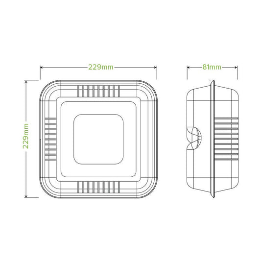 23x23x8cm / 9x9x3" White Plant Fibre Clamshell|23x23x8cm / 9x9x3" White Plant Fibre Clamshell Line Drawing
