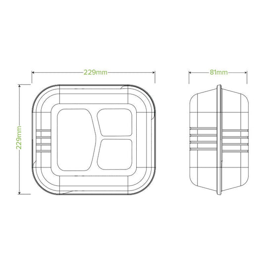 23x23x8cm / 9x9x3" 3-Compartment White Plant Fibre Clamshell|23x23x8cm / 9x9x3" 3-Compartment White Plant Fibre Clamshell Line Drawing