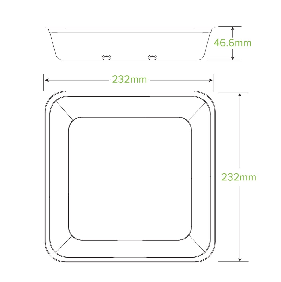 1,750ml Large Square Natural Plant Fibre Takeaway Base|1,750ml Large Square Natural Plant Fibre Takeaway Base Top View|1,750ml Large Square Natural Plant Fibre Takeaway Base Line Drawing