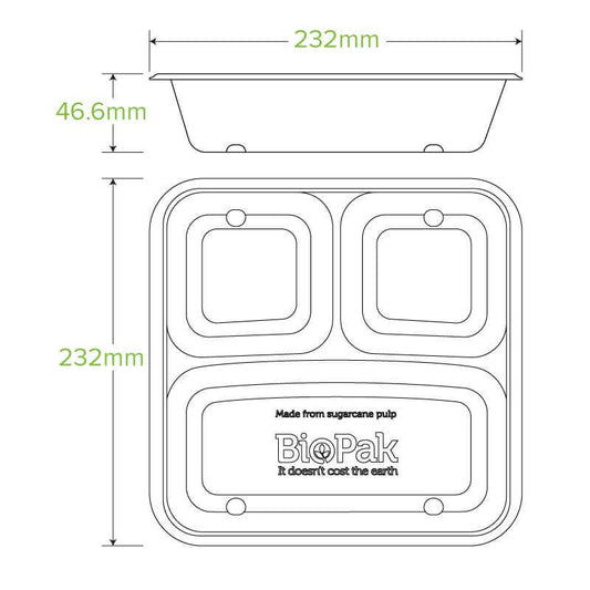 3-Compartment Large Natural Plant Fibre Takeaway Base|3-Compartment Large Natural Plant Fibre Takeaway Base Line Drawing